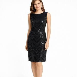 Ellen Tracy Size 4 All Over Sequin Chevron Cocktail Dress Black Sleeveless Party